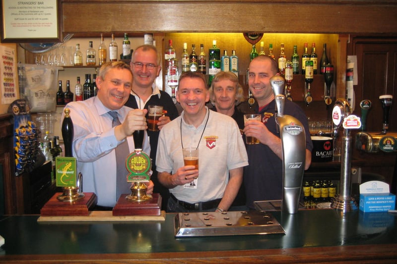 Chesterfield MP Paul Holmes pulled a pint of Brampton Brewery's Golden Bud in the Strangers Bar at the House of Commons in 2010, watched by Brampton Brewery representatives Jon Leeming, Chris Radford, John Hirst and Mark Taylor.