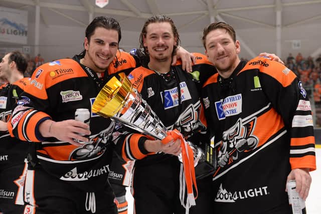Anthony De Luca, Marco Valerand and Brendan Connolly celebrating cup glory with Sheffield Steelers
