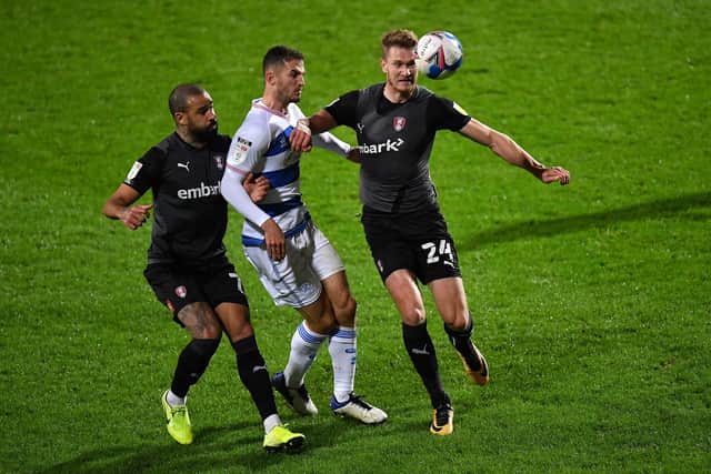 Rotherham United striker Michael Smith, right, in action against Queens Park Rangers at The Kiyan Prince Foundation Stadium on Tuesday night. (Photo by Justin Setterfield/Getty Images)