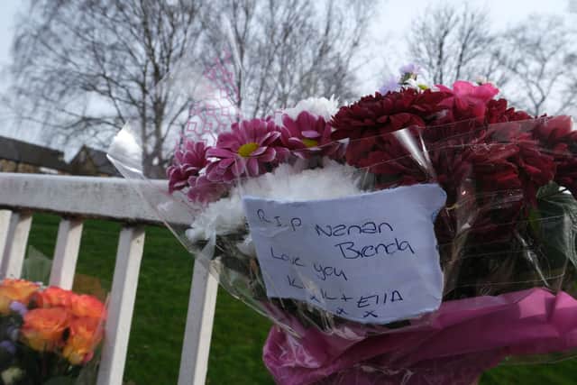 A heartbreaking note left in memory of Brenda Ellis with flowers near the scene of the fatal collision on Tannery Street in Woodhouse, Sheffield, on March 13, 2022.