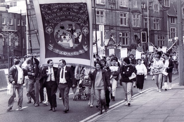 Health workers marched from Weston Park Hospital in protest against health cuts in 1987. The picture shows part of the group near the Children's Hospital