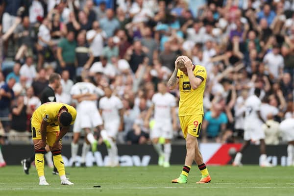 Sheffield United players can't hide their despair as Tottenham celebrate bhind them after Spurs' added time winner at the Tottenham Hotspur Stadium. (Photo by Ryan Pierse/Getty Images)