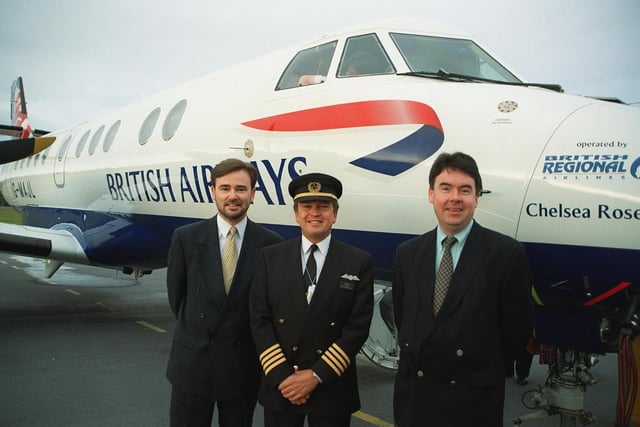 Jon Horne, Sheffield City Airport MD, Captain Doug Hale, base manager, and Andy Mathieson, ground handling manager for British Regional Airlines, with the first British Airways flight from Sheffield City Airport to Belfast