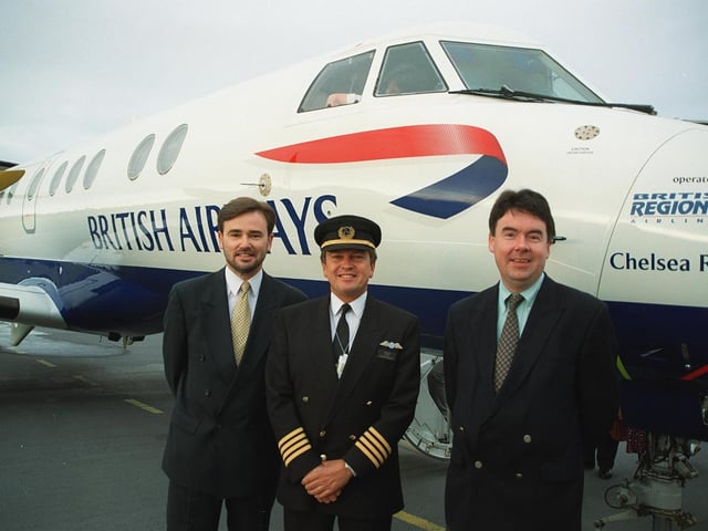 Jon Horne, Sheffield City Airport MD, Captain Doug Hale, base manager, and Andy Mathieson, ground handling manager for British Regional Airlines, with the first British Airways flight from Sheffield City Airport to Belfast