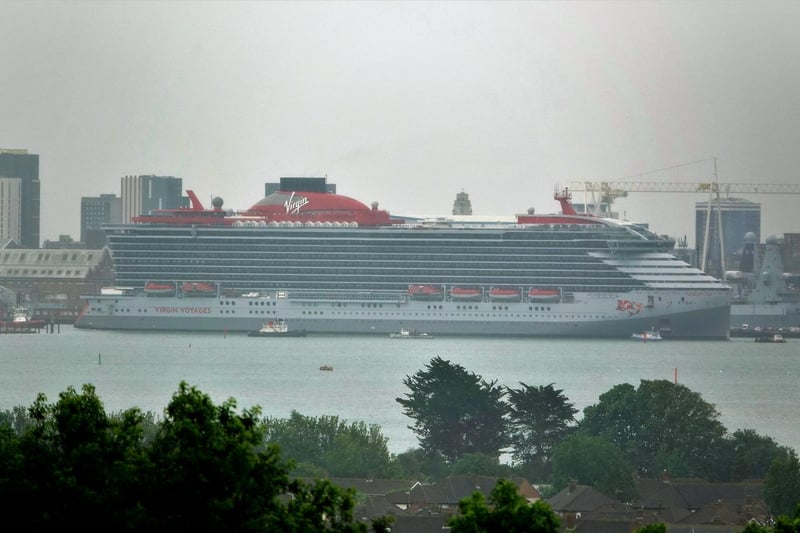 Through the mist and murk Scarlet Lady slowly inches to her berth. Taken from Portsdown Hill by Paul Morgan         