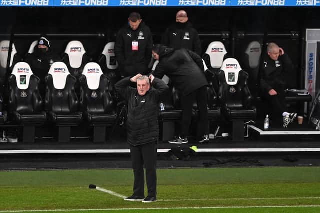 Steve Bruce, manager of Newcastle United, reacts during the Premier League match between Newcastle United and Crystal Palace at St. James Park on February 02, 2021.