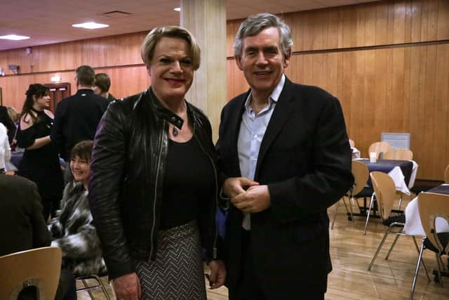 Eddie Izzard at the Adam Smith Theatre, Kirkcaldy, with former Labour prime minister Gordon Brown who introduced him on stage at the town's 2019 Festival Of Ideas
