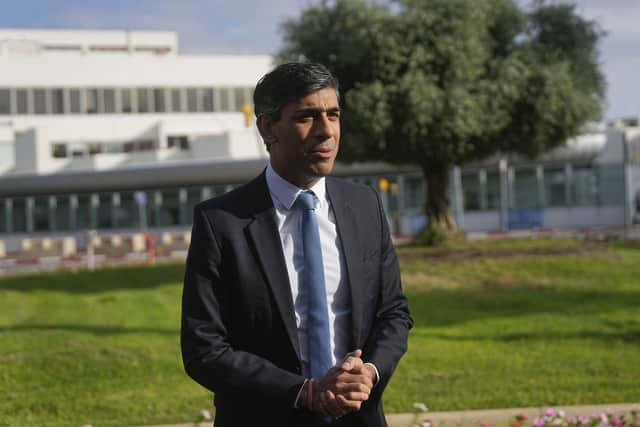 Prime Minister Rishi Sunak speaks to the media as he arrives at Ben Gurion airport, near Tel Aviv in Israel. Picture: AP Photo/Ohad Zwigenberg