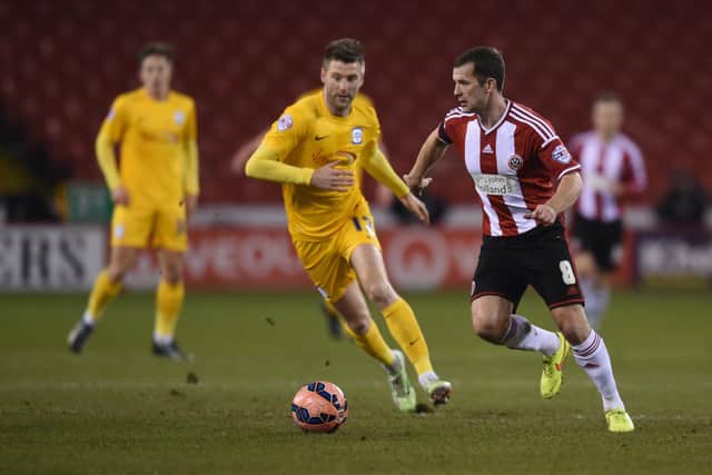 Paul Gallagher of Preston in action with Michael Doyle of Sheffield United (Michael Regan/Getty Images)