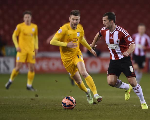 Paul Gallagher of Preston in action with Michael Doyle of Sheffield United (Michael Regan/Getty Images)