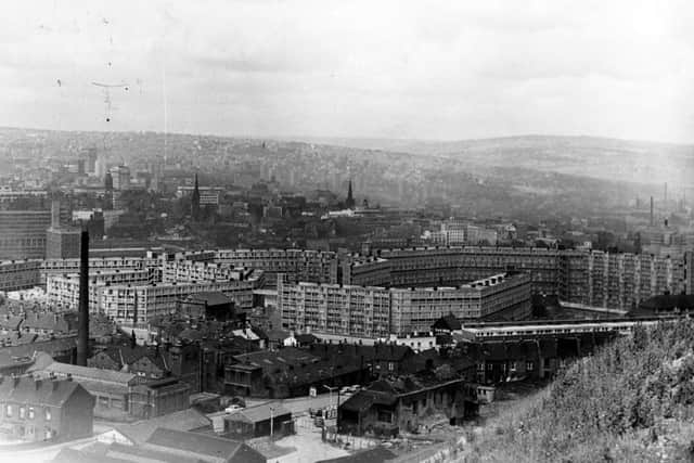 View from Skye Edge across Park Hill Flats, showing C and A Reed, funeral directors, No. 173, Duke Street; Park Library and Baths (chimney left); Talbot Street Methodist Church (left between blocks of the Flats) looking towards the City Centre - pictured in 1964.
