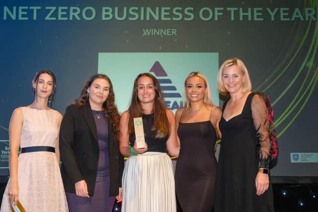 Alix Johnstone-Morfoisse, business development manager at sponsor the Translational Energy Research Centre, with Net Zero Business of the Year, AES Engineering Ltd, and Philippa Forrester.