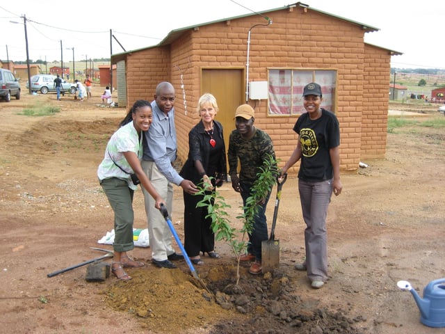 Maxwell A. Ayamba (second from right) of Sheffield Black and Ethnic Minority Environmental Network (SHEBEEN) South Africa in 2009 on a British Council Leadership Programme planting a tree with the Mayor of Cosmo City Extension 4 (middle in black) and two South African British Council Staff (left) and a Food and Trees for Africa project worker (right)