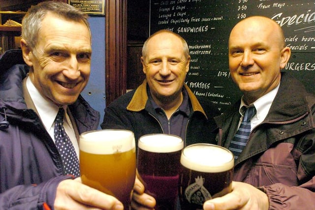 'Pub Crawlers' Max Bellamy, Dave Smith and Eric Carline who claim to have supped in every pub in Sheffield, February 2005