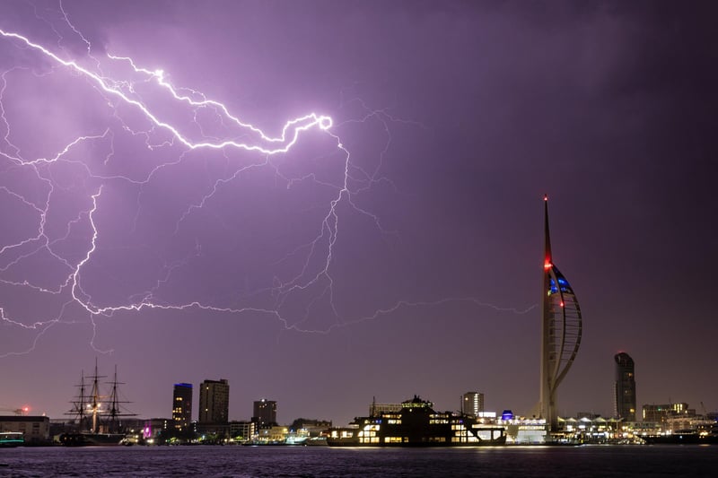 A very dramatic shot of lightning by the Spinnaker Tower in Portsmouth