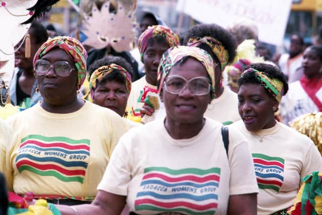 Sheffield's migrants and refugees like to celebrate their culture - pictured are the Sadacca Women's Group enjoying Sheffield's Afro-Caribbean Carnival on September 4, 1993.