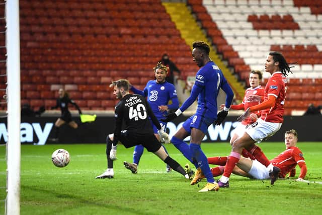 Tammy Abraham taps in from close range to score what would be the winning goal in Chelsea's FA Cup fifth round victory oer Barnsley at Oakwell. The Blues with now face Sheffield United in the quarter final. (Photo by Laurence Griffiths/Getty Images)