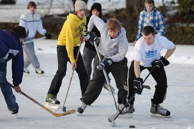When the pond in Beveridge Park, Kirkcaldy, froze over, local ice hockey enthusiasts enjoyed a rare game outdoors - until the council told them to stop! 
On skates on the pond are Stuart Robertson from Burntisland and Roy Houston from Kirkcaldy (Pic: Walter Neilson)