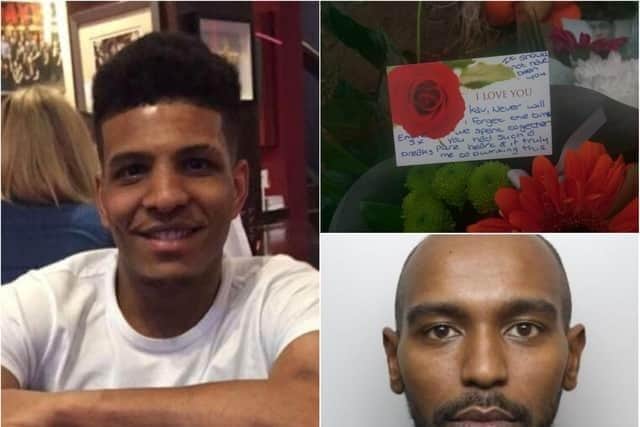 Kavan Brissett (left) was 21 years old when he was stabbed to death in Sheffield in 2018. Detectives investigating his murder are keen to trace Ahmed Farrah (bottom right)