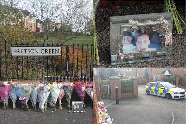Floral tributes to murder victim Danny Irons who collapsed and died at Fretson Green, in Woodthorpe, Sheffield.