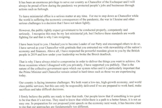 Handout photo of the letter sent by Chancellor of the Exchequer Rishi Sunak to Prime Minister Boris Johnson offering his resignation and writing on Twitter: "I recognise this may be my last ministerial job, but I believe these standards are worth fighting for and that is why I am resigning."  Mr Sunak has resigned along with Health Secretary Sajid Javid, as the Prime Minister was forced into a humiliating apology over his handling of the Chris Pincher row after it emerged he had forgotten about being told of previous allegations of "inappropriate" conduct. Issue date: Tuesday July 5, 2022. PA Photo. See PA story POLITICS Pincher. Photo credit should read: Chancellor of the Exchequer Rishi Sunak /PA Wire 

NOTE TO EDITORS: This handout photo may only be used in for editorial reporting purposes for the contemporaneous illustration of events, things or the people in the image or facts mentioned in the caption. Reuse of the picture may require further permission from the copyright holder. 