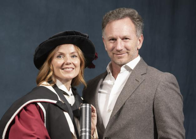 Geri Halliwell-Horner with Christian Horner ahead of receiving her honorary doctorate from Sheffield Hallam University at Ponds Forge International Sports Centre in Sheffield. Picture date: Tuesday November 22, 2022.
