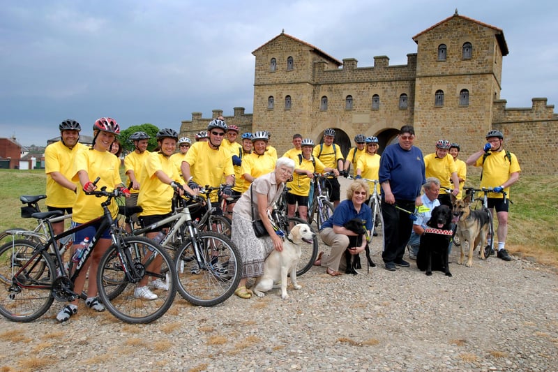 Cyclists arrive at South Shields Roman Fort after completing the Hadrians Wall Cycle Way challenge in aid of Guide Dogs for the Blind. Who remembers this from 2010?