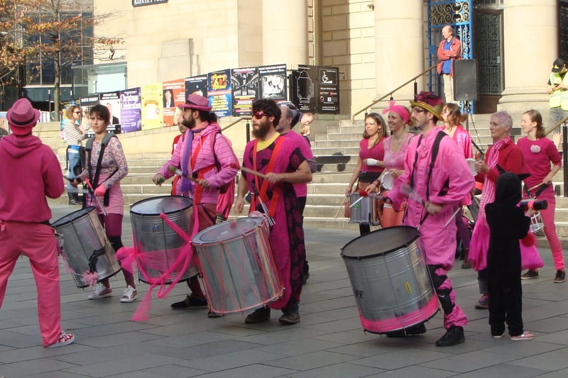A drum band at anti-fracking demonstration in Barkers Pool in 2017. Ref no: a03938