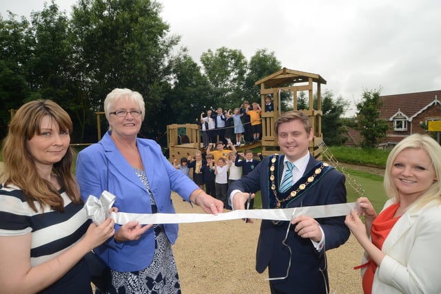 Official opening of the Gateford Park Primary School play area in 2012, opened by Coun Gwynneth Jones and Chairman of Bassetlaw Council Ian Campbell.  Pictured with councillors is office manager Verity Ellis, teacher Jo Read and pupils