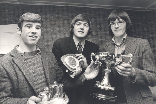 Paul Slinn (right) aged 16 who is a pupil of the Herries Comprehensive School, Sheffield with his trophy for winning The Star Walk.  With John Cheetham who came third (left) and Terry Hartshorn who was second.