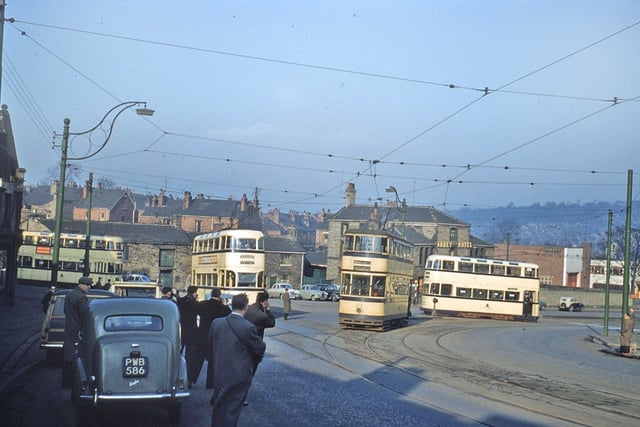 This picture from the Peter Tuffrey collection shows trams at the junction of Chesterfield Road, Meadowhead and Abbey Lane