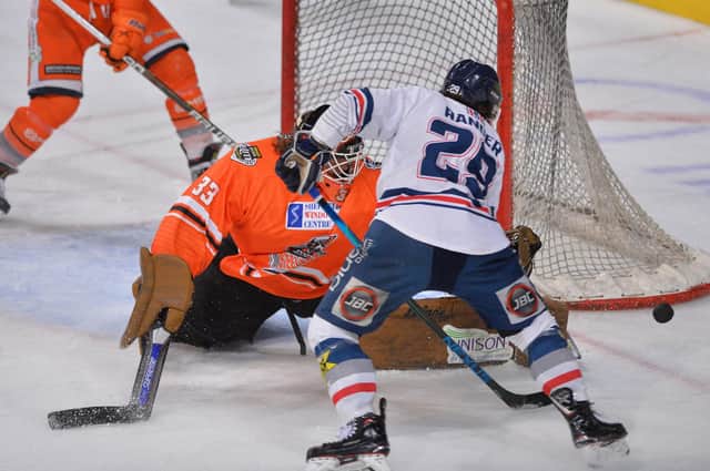 Sheffield Steelers goalie Barry Brust stops a Dundee Stars attack. Picture: Dean Woolley