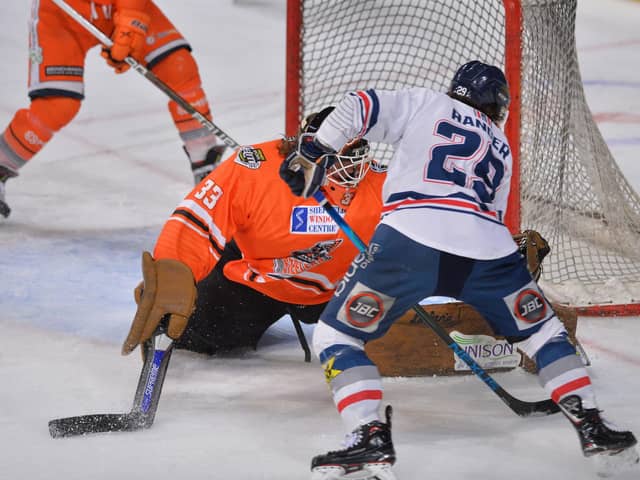 Sheffield Steelers goalie Barry Brust stops a Dundee Stars attack. Picture: Dean Woolley
