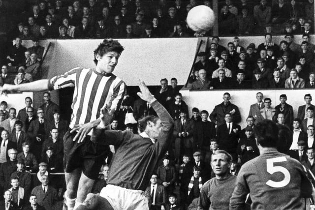 Geoff Salmons rises high above the Carlisle United defence in November 1968.