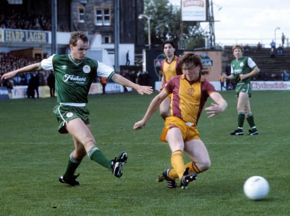 Action from a Hibs v Motherwell game in September 1983 - 'Well's Stuart Rafferty keeps a close eye on Stuart Turnbull of Hibs