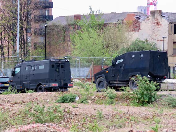 Filming in Sheffield for new HBO miniseries The Regime, starring Kate Winslet and Hugh Grant. An armoured vehicle is visible here during filming around an old steel cementation furnace in Shalesmoor. Photos by @steelcitysnaps via Twitter