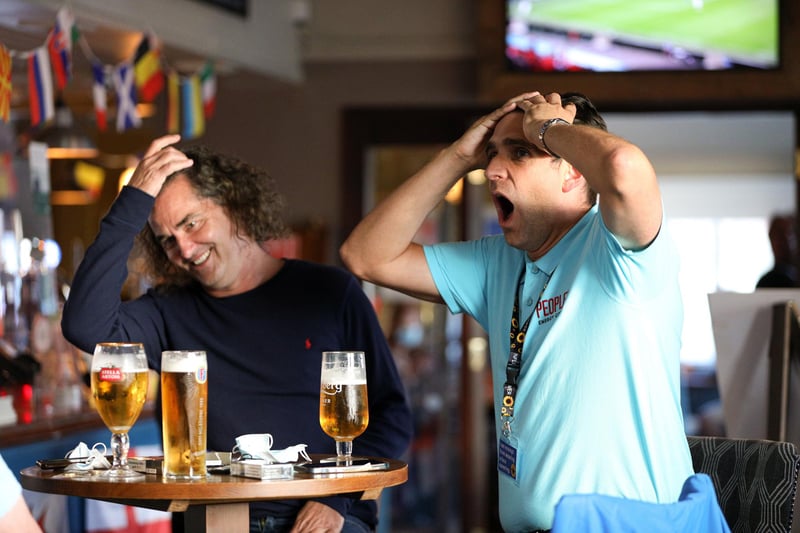 Andy Phillips, left, and Wayne Freeman. Fans watch England v Czech Reublic in England's third Group D game of Euro 2020, in The Star & Garter pub, Copnor, Portsmouth. Picture: Chris Moorhouse (jpns 220621-18)