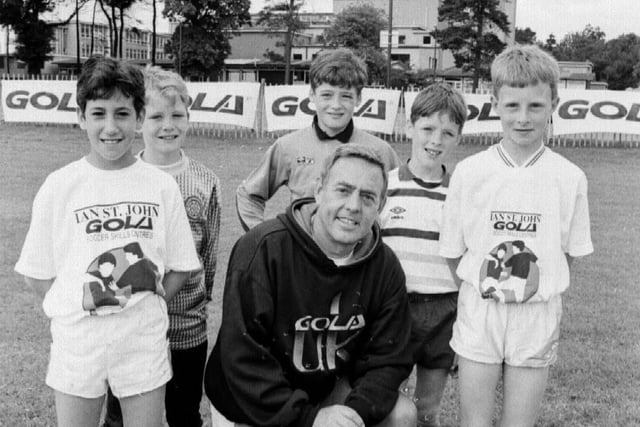 Former Liverpool and Scotland star Ian St John hosting his annual summer soccer camp, staged at Kirkcaldy High School (Pic: Bill Dickman/.Fife Free Press)