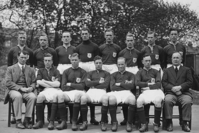 Chapman is pictured with his Arsenal team who lost the 1927 FA Cup final to Cardiff. From the back row, and from left to right, are :Cope, Baker, Parker, Dan Lewis, Butler, John, Kennedy, Seddon, Wittaker (trainer), Hulme, Buchan, Brain, Blyth, Hoar, and Herbert Chapman (manager).