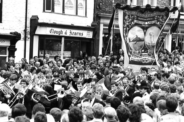 The Westoe Lodge banner is paraded through the streets of Durham at the Miners' Gala in 1983.