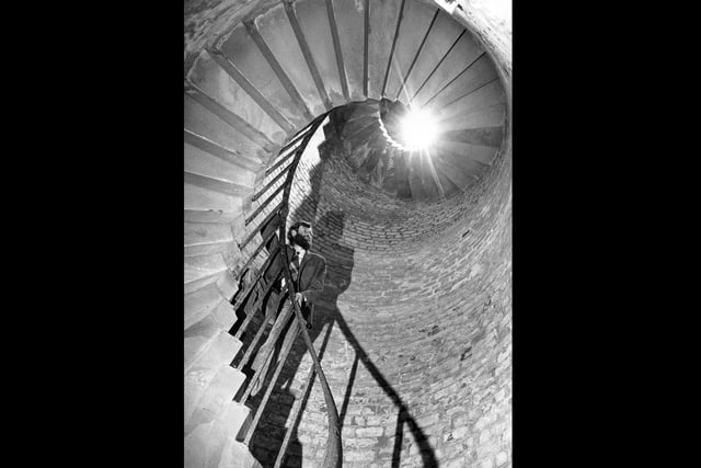Ammunition hoist and stairway in Fort Nelson, 1987. The News PP4681