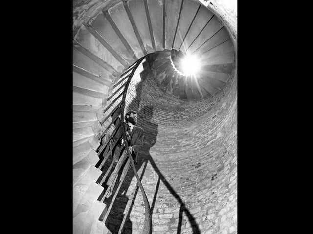 Ammunition hoist and stairway in Fort Nelson, 1987. The News PP4681