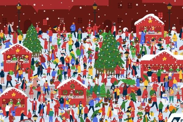 Hidden in this busy market scene is Santa Claus - can you find him?