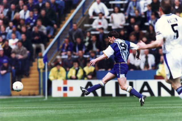 David Hirst scores his 100th league goal for Sheffield Wednesday, against Everton in 1996.