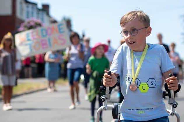 Pictured is brave, 11-year-old Sheffield boy Tobias Weller who is to be honoured at the ITV Pride of Britain Awards for defying cerebral palsy to take on a series fundraising challenges.