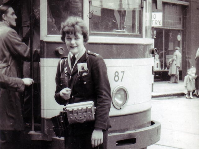 Marlene Harding when she was a tram conductress in 1954 - picture taken in Church Street, Sheffield - Submitted by Marlene Harding