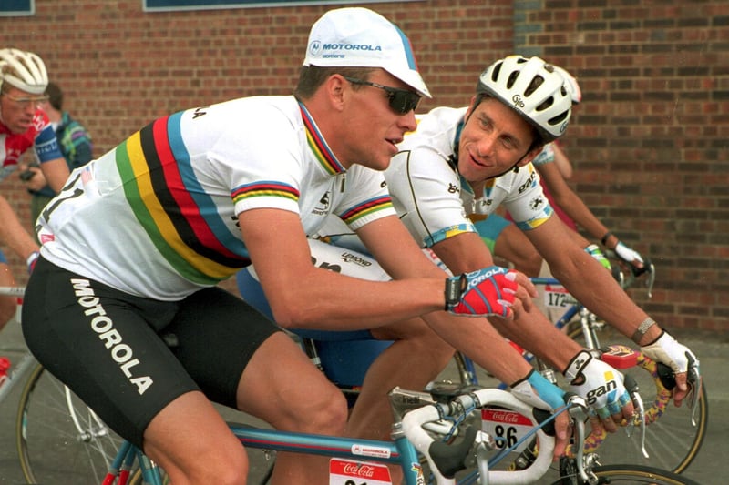 Greg LeMond of Team Gan chats with Lance Armstrong during Stage 5 of the Tour de France in 1994, which started and finished in Portsmouth. Pascal Rondeau/ALLSPORT/ Getty Images