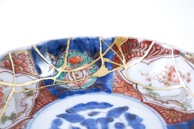 A Kintsugi Japanese plate restored with gold