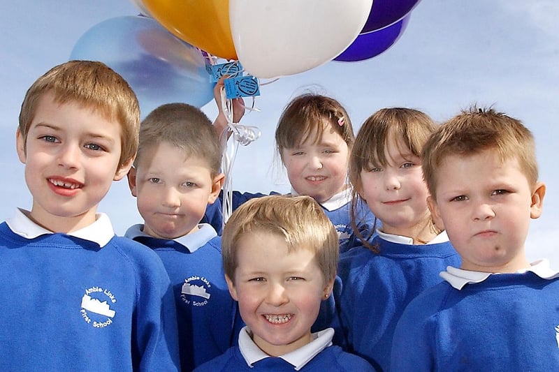 Pupils from Links First School, Amble, getting ready for a balloon race in March 2004.