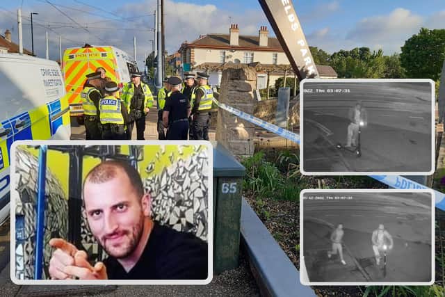 Police are hoping a new Crimewatch film could help unlock the investigation into the murder of Carlo Giannini (inset) at Manor Fields Park, near City Road, Sheffield in 2022. Inset pictures show CCTV of people police want to speak to. Picture: National World / South Yorkshire Police
